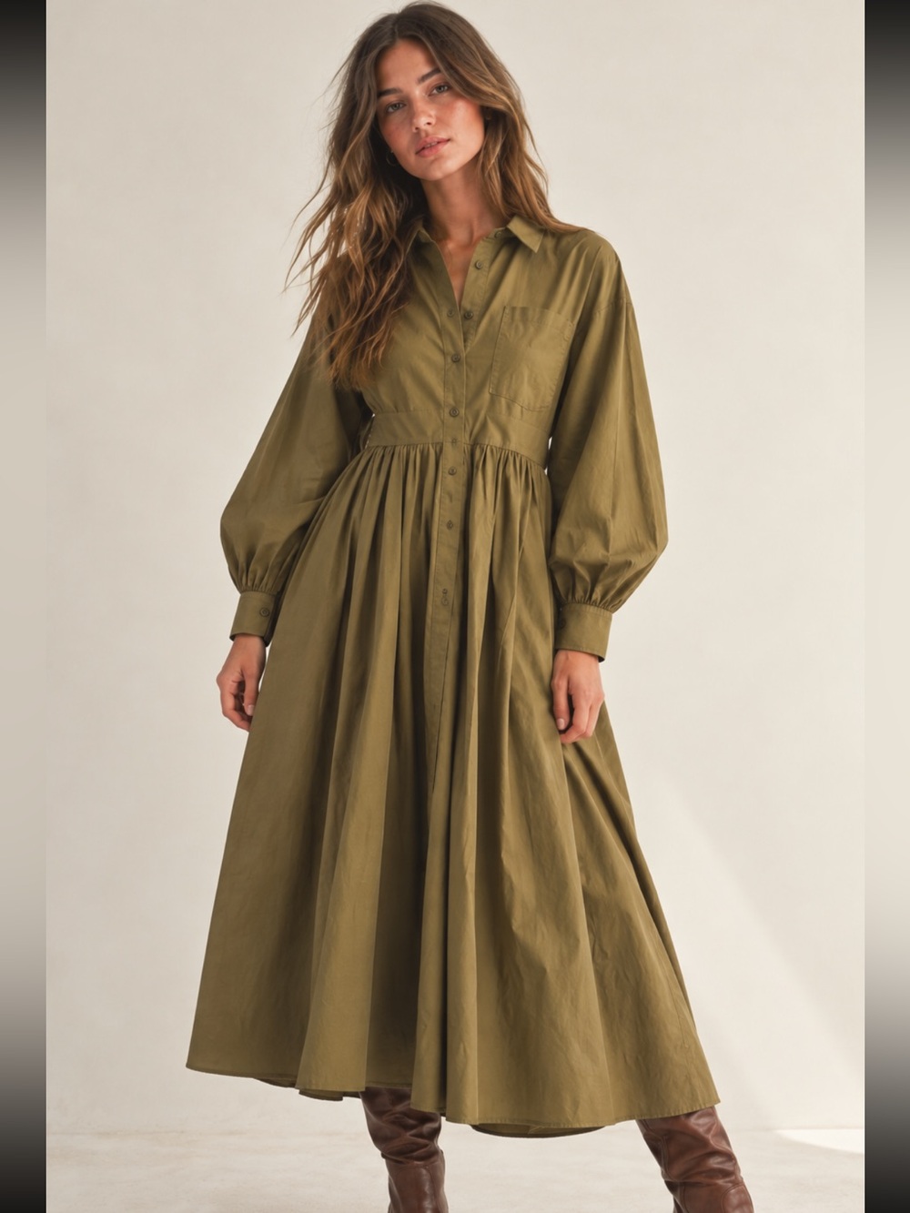 Olive Green Tie-Waist Shirt Dress